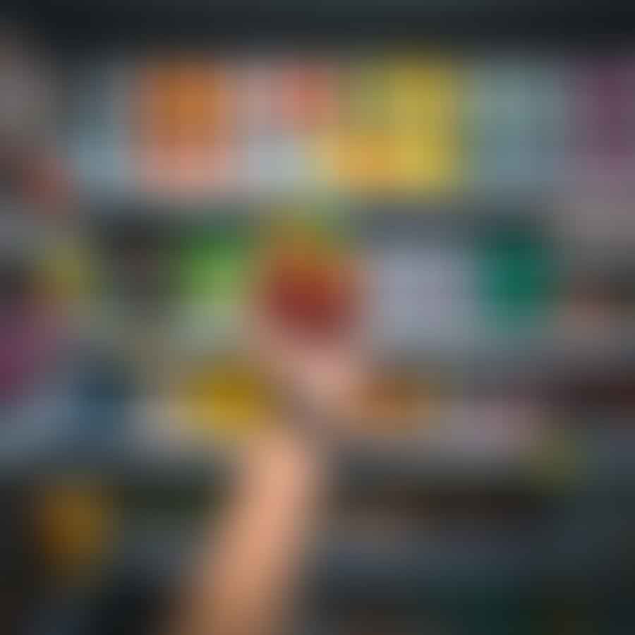 A hand reaching for a vegan energy drink on a supermarket shelf
